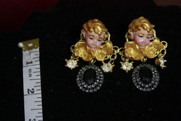SOLD! 3513 Total Baroque Hand Painted Black Crystal Cherubs Angel Studs Earrings - Image 7