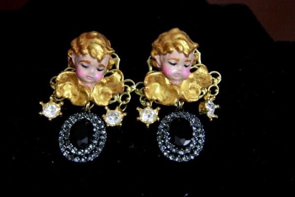SOLD! 3513 Total Baroque Hand Painted Black Crystal Cherubs Angel Studs Earrings - Image 8