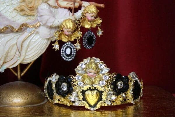 SOLD! 3514 Set Of Angel Cherub Baroque Black Cameo Crystal Crown Headband+ Earrings - Image 2