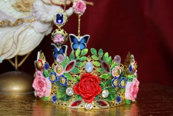SOLD! 3518 Spring 2018 Set Of Runway Baroque Hand Painted Vivid Garden Butterflies Crown+ Earrings - Image 2
