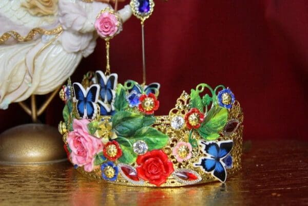 SOLD! 3518 Spring 2018 Set Of Runway Baroque Hand Painted Vivid Garden Butterflies Crown+ Earrings - Image 9
