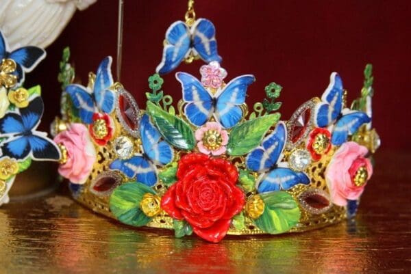 SOLD! 3520 Spring 2018 Set Of Runway Baroque Hand Painted Vivid Garden Butterflies Crown+ Earrings - Image 2