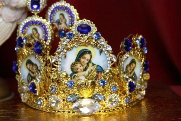 SOLD! 3521 Virgin Mary Madonna Blue Crystal Studs Earrings - Image 3