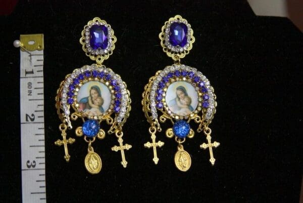 SOLD! 3521 Virgin Mary Madonna Blue Crystal Studs Earrings - Image 4