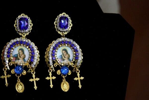 SOLD! 3521 Virgin Mary Madonna Blue Crystal Studs Earrings - Image 5
