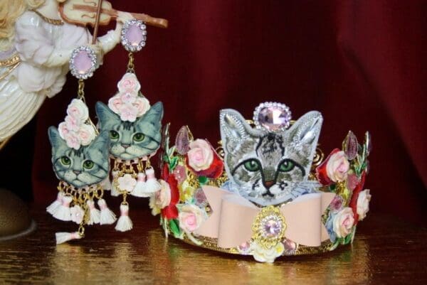 SOLD! 3522 Unusual Baroque Cat Bow Applique Cross Crystal Flower Crown Headband - Image 2