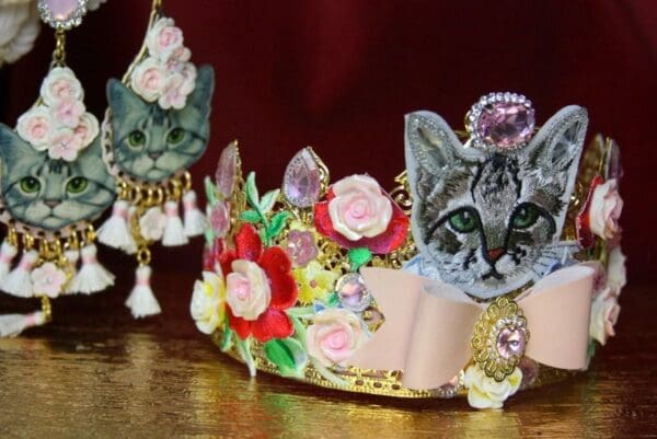 SOLD! 3522 Unusual Baroque Cat Bow Applique Cross Crystal Flower Crown Headband - Image 4