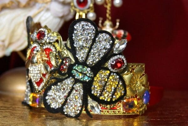 SOLD! 3523 Set Of Earrings + Unusual Baroque Bee Heart Applique Cross Crystal Flower Crown Headband - Image 3
