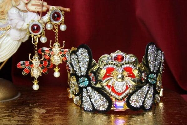 SOLD! 3523 Set Of Earrings + Unusual Baroque Bee Heart Applique Cross Crystal Flower Crown Headband - Image 7