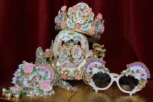 SOLD! 2164 Set Of Marie Antoinette Hand Painted Pale Blue Ponk Fan Necklace+ Earrings - Image 3
