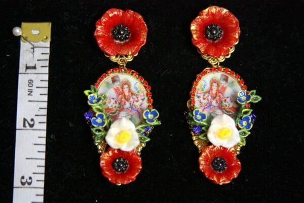 SOLD! 3535 Set Of Earrings+ Hand Painted Ukrainian Traditional Pattern Cameo Poppy Daisy Cuff Bangle - Image 7