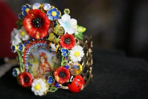 SOLD! 3535 Set Of Earrings+ Hand Painted Ukrainian Traditional Pattern Cameo Poppy Daisy Cuff Bangle - Image 10