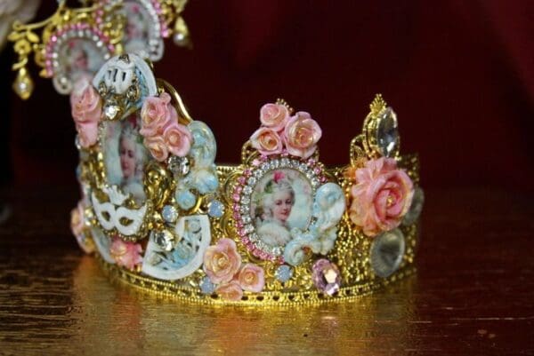 SOLD! 3542 Set Of Earrings + Marie Antoinette Hand Painted Fan Crystal Flower Crown Headband - Image 3