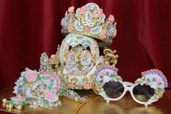 SOLD! 3542 Set Of Earrings + Marie Antoinette Hand Painted Fan Crystal Flower Crown Headband - Image 7