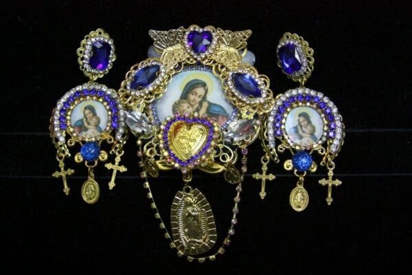 SOLD! 3545 Set Of Virgin Mary Madonna Blue Crystal Butterfly Unique Huge Brooch+ Earrings - Image 6