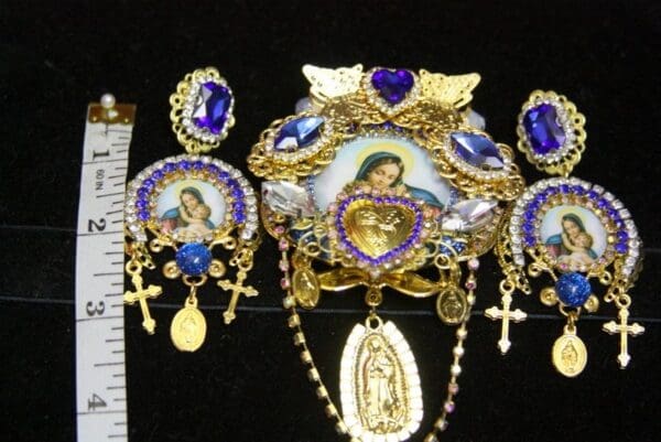SOLD! 3545 Set Of Virgin Mary Madonna Blue Crystal Butterfly Unique Huge Brooch+ Earrings - Image 7