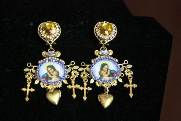 SOLD! 3557 Virgin Mary Madonna Blue Crystal Studs Earrings - Image 7