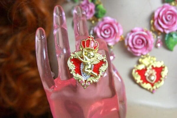 SOLD! 3569 Baroque Royal Cherub Red Heart Crown Adjustable Cocktail Ring - Image 5