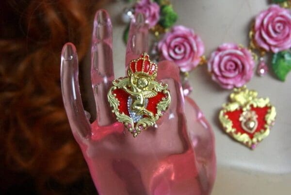 SOLD! 3569 Baroque Royal Cherub Red Heart Crown Adjustable Cocktail Ring - Image 6