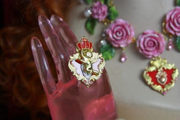 SOLD! 3569 Baroque Royal Cherub Red Heart Crown Adjustable Cocktail Ring - Image 7