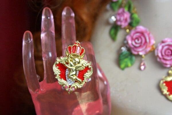 SOLD! 3569 Baroque Royal Cherub Red Heart Crown Adjustable Cocktail Ring - Image 8