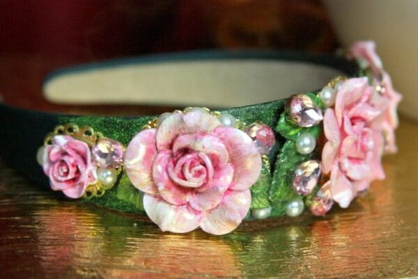 SOLD! 3571 Runway 2018 Hand Painted Pink Flower Crystal Headband - Image 7
