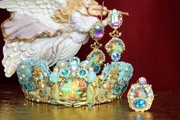 SOLD! 3576 Set Of Earrings+ Birth Of Venus Star Mermaids Hand Painted Tiara Crown - Image 6