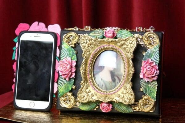 SOLD! 3586 Hand Painted Victorian Cameo Frame Roses Vintage Style Handbag Trunk - Image 2