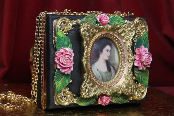 SOLD! 3586 Hand Painted Victorian Cameo Frame Roses Vintage Style Handbag Trunk - Image 5