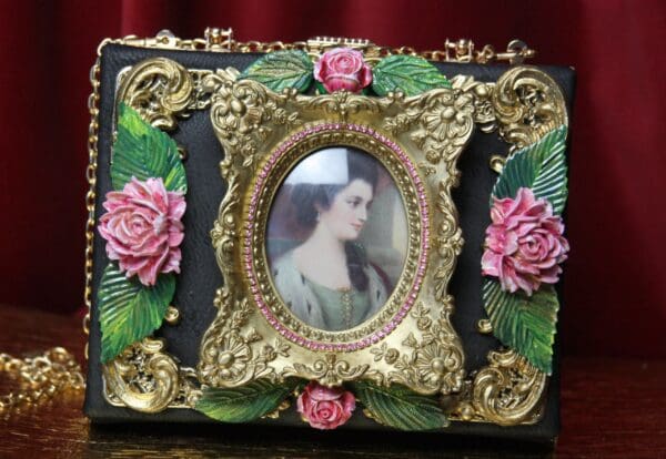 SOLD! 3586 Hand Painted Victorian Cameo Frame Roses Vintage Style Handbag Trunk - Image 6