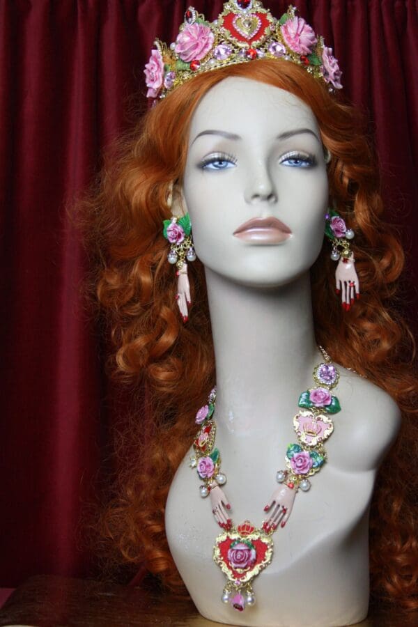 SOLD! 3585 Set Of Hand Painted Roses Hands Red Pearl Necklace+ Earrings - Image 3