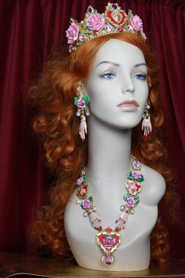 SOLD! 3585 Set Of Hand Painted Roses Hands Red Pearl Necklace+ Earrings - Image 10