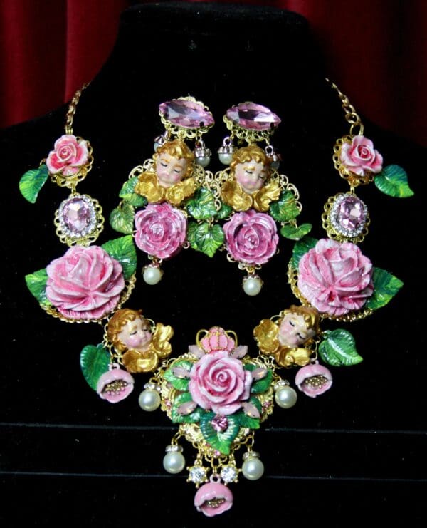 SOLD! 3584 Hand Painted Sleeping Cherubs Angels Painted Roses Red Pearl Necklace - Image 2