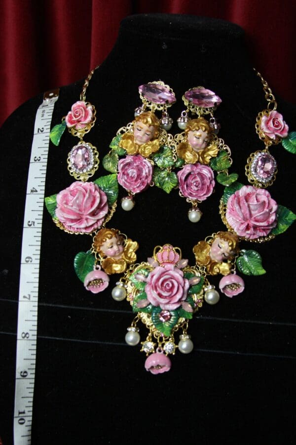 SOLD! 3584 Hand Painted Sleeping Cherubs Angels Painted Roses Red Pearl Necklace - Image 9