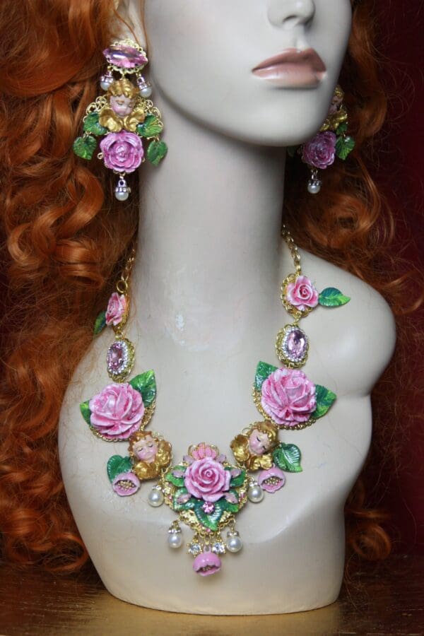 SOLD! 3584 Hand Painted Sleeping Cherubs Angels Painted Roses Red Pearl Necklace - Image 10