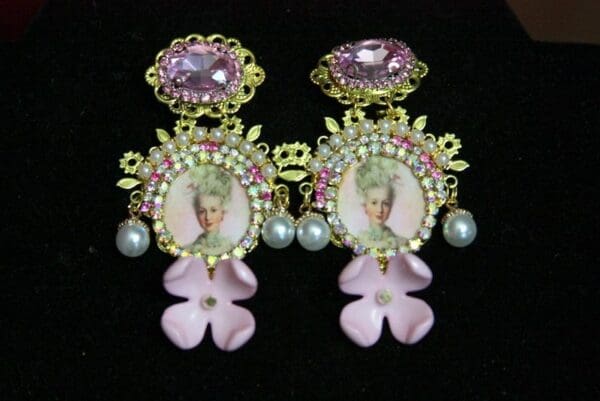 SOLD! 3598 Young Marie Antoinette Pink Crystal Hand Painted Leaf Rose Elegant Earrings Studs - Image 7