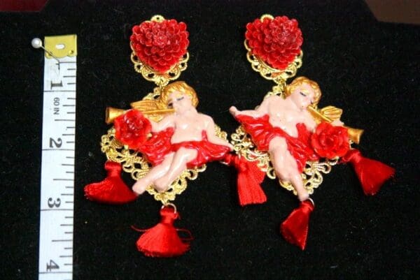 SOLD! 3605 Total Baroque Faced Hand Painted Red Rose Cherubs Angel Studs Earrings - Image 6