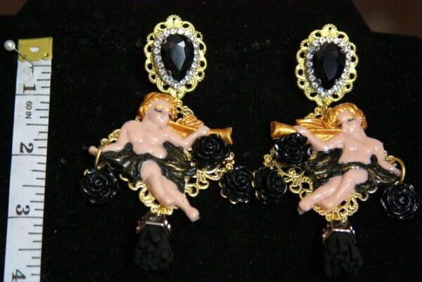 SOLD! 3606 Total Baroque Faced Hand Painted Red Rose Cherubs Angel Studs Earrings - Image 6