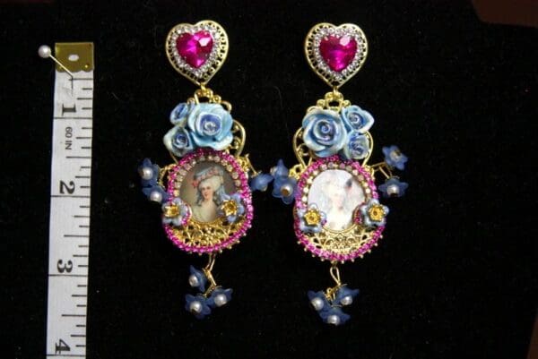 SOLD! 3607 Marie Antoinette Fuchsia Crystal Hand Painted Blue Rose Elegant Earrings Studs - Image 7