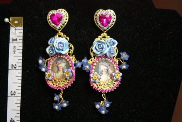 SOLD! 3607 Marie Antoinette Fuchsia Crystal Hand Painted Blue Rose Elegant Earrings Studs - Image 8