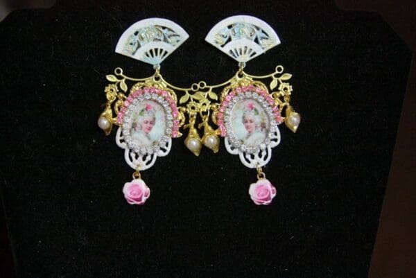 SOLD! 3608 Marie Antoinette Fan Crystal Hand Painted Blue Rose Elegant Earrings Studs - Image 5