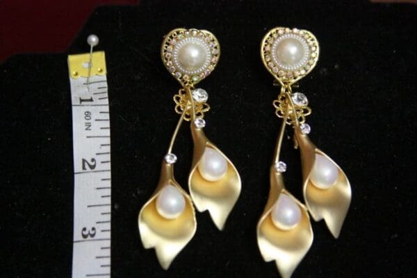 SOLD! 3615 Lily Calla Gold Tone Pearl Crystal Studs Earrings - Image 7