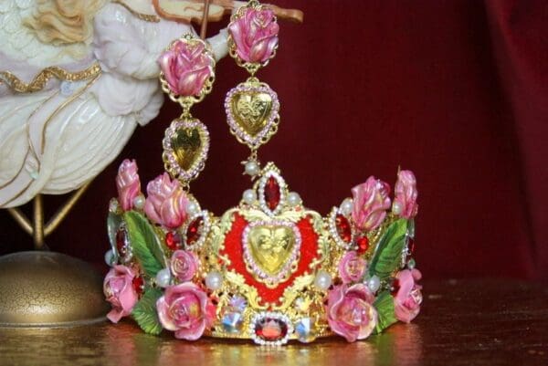 SOLD! 3620 Set Of Runway Heart 2018 Hand Painted Pink Flower Crystal Headband Crown+ Earrings