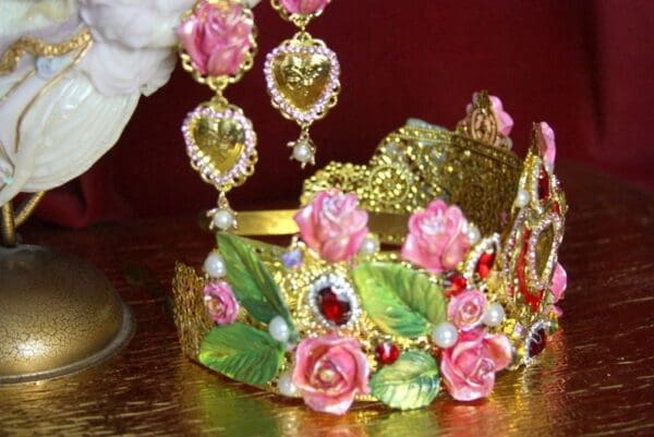 SOLD! 3620 Set Of Runway Heart 2018 Hand Painted Pink Flower Crystal Headband Crown+ Earrings - Image 9