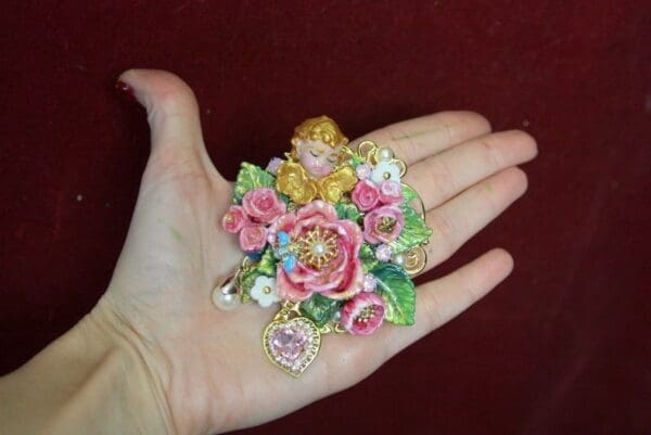 SOLD! 3639 Total Baroque Hand Painted Pearl Crystal Cherub Huge Brooch - Image 3