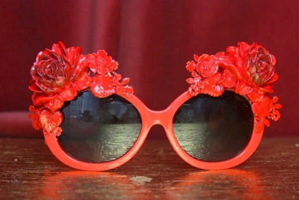 SOLD! 3642 Baroque Rococo Red Enamel Embellished Flower Sunglasses - Image 2