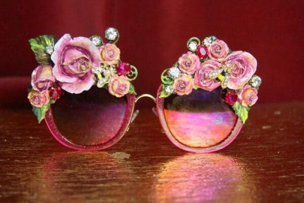 SOLD! 3648 Pink Hand Painted Roses Leaf Bee Baroque Sunglasses - Image 3