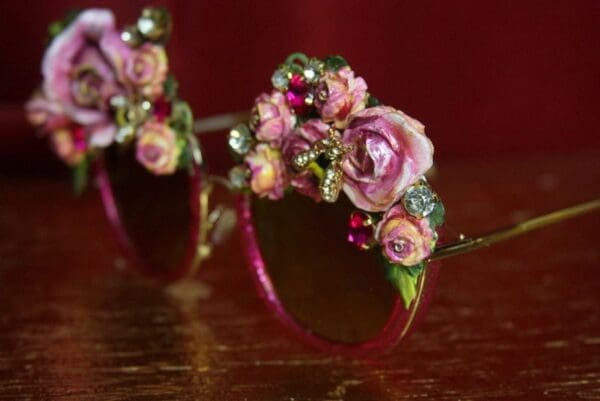 SOLD! 3648 Pink Hand Painted Roses Leaf Bee Baroque Sunglasses - Image 5