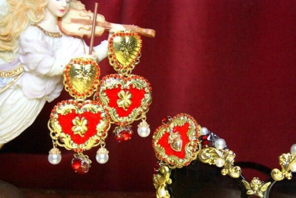SOLD! 3650 Baroque Designer Inspired Red Heart Earrings Studs - Image 6