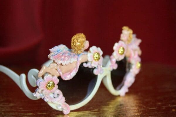 SOLD! 3654 Baroque Faced Cherubs Blue Flower Gold Touch Embellished Sunglasses - Image 2
